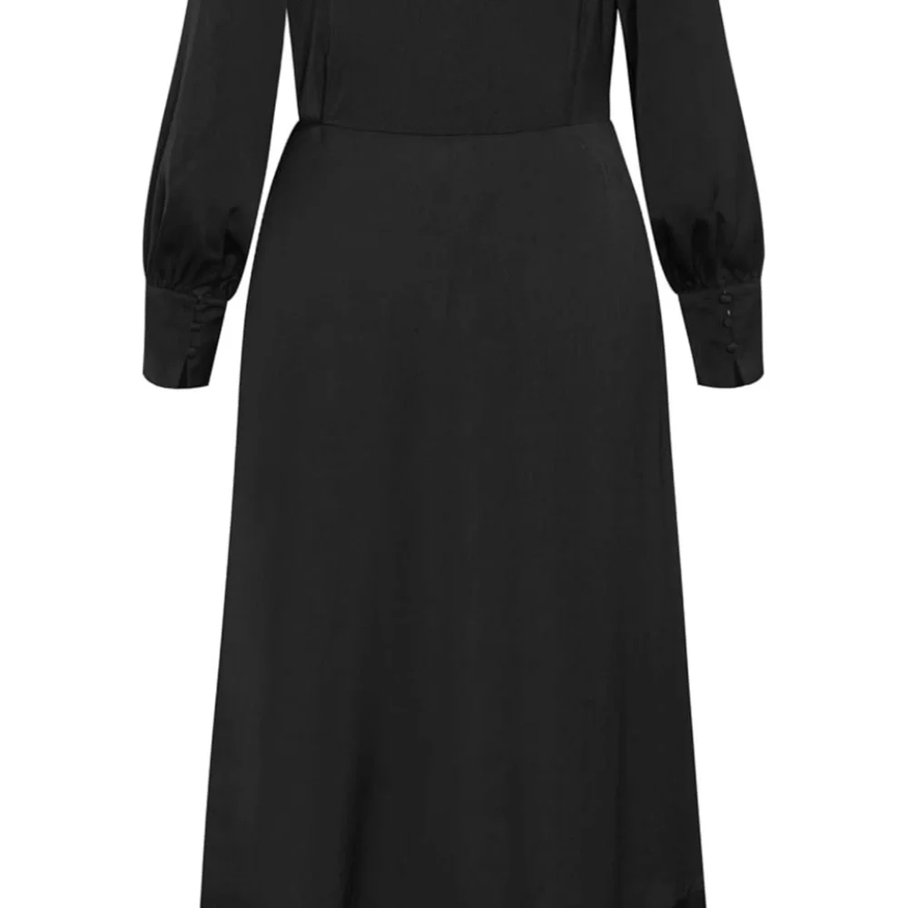 Elegant Black Matte Satin Flowing Ruffle Hem Balloon Sleeve True Wrap Dress - Picture 6 of 8